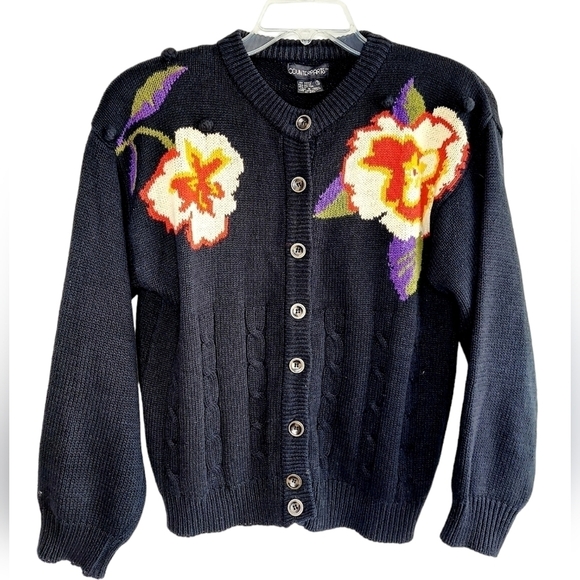 Vintage Cardigan Sweater Floral Bobbled Cable Knit Shoulder Pads Navy Cotton Y2K - Picture 1 of 16